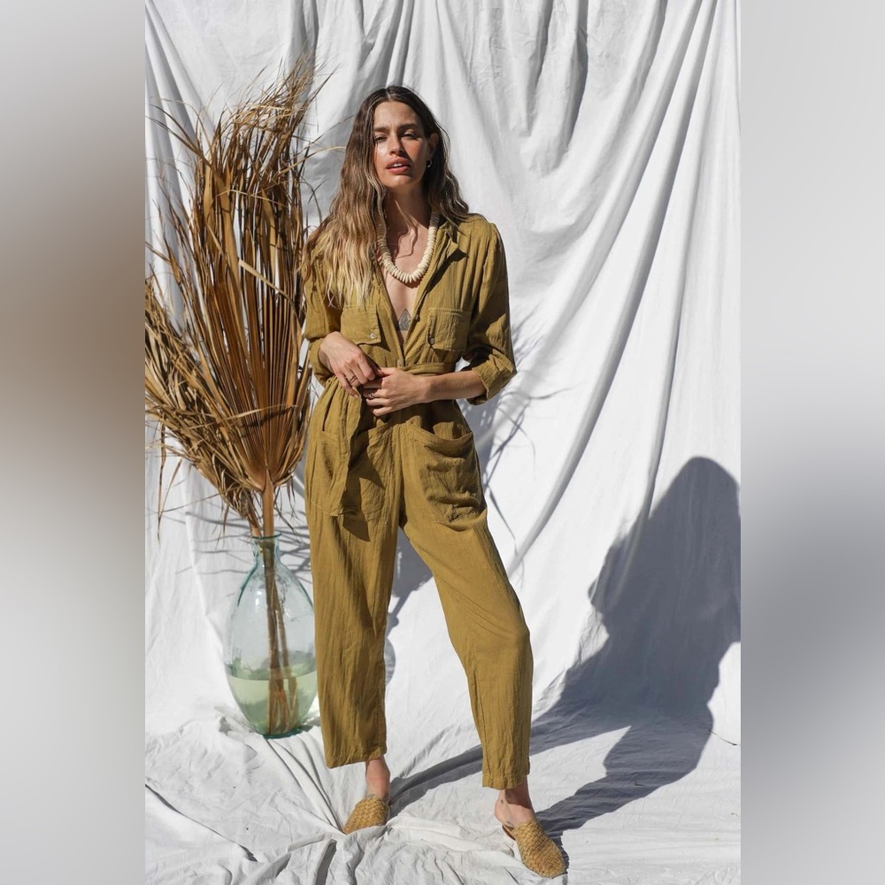 Jen’s Pirate Booty Star Tower Green Yellow Gauze Jumpsuit Size Small Free People